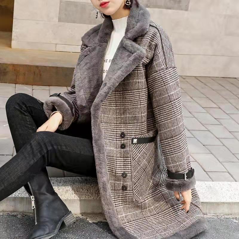 Wool Coat Peacoat - 2026年冬用暖かいコート、豪華な厚手のラムウールコート、レディースミドル丈厚手ベルベットルーズ鹿革プラッシュファーコート、女性用暖かいジャケット