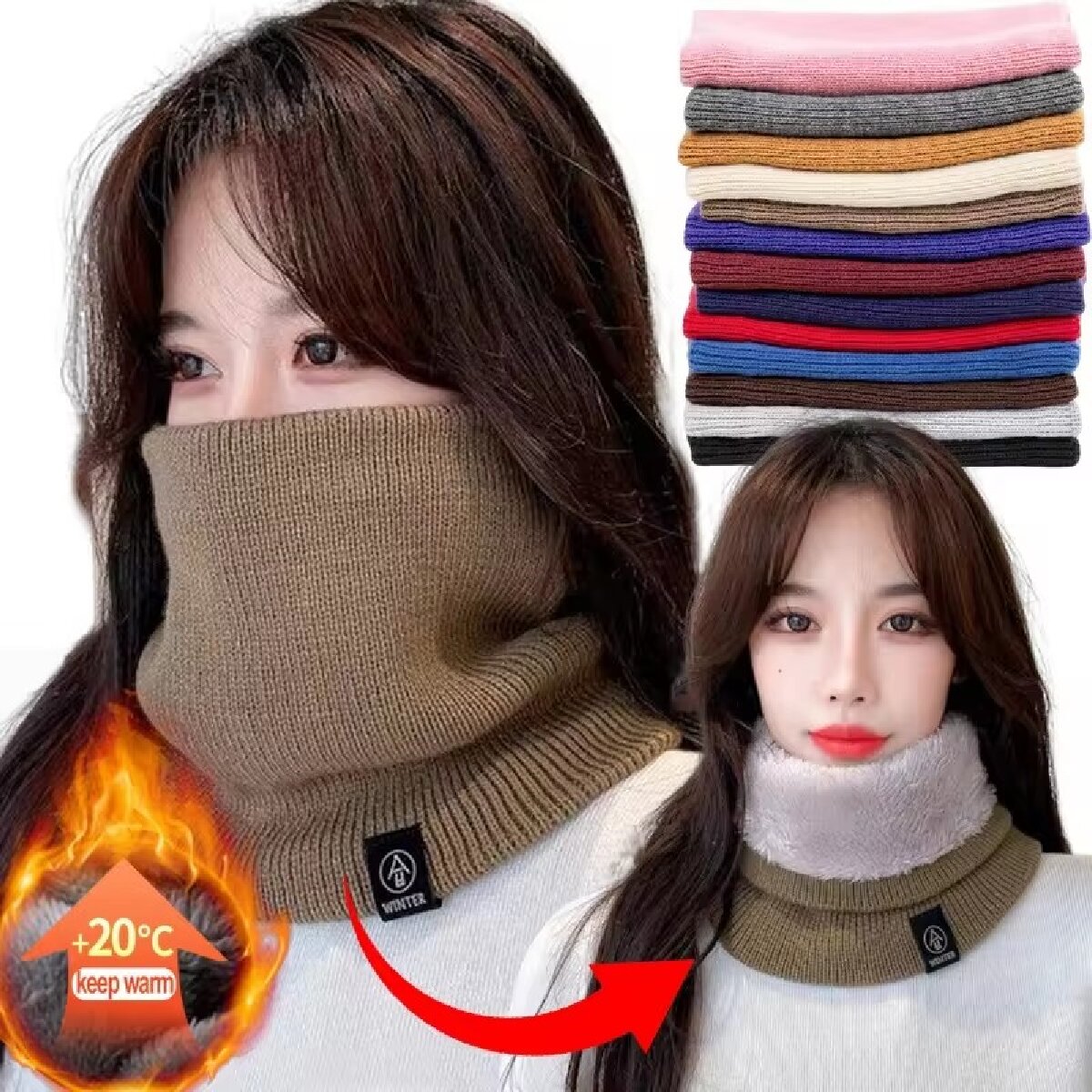 Winter Headband Fleece - 女性用、暖かく厚手の冬用マフラー。ウールニット素材、フリース裏地、リング状のバンダナ、ネックウォーマー、厚手のカシミア製ヘッドバンド、スキーマスクとしても使用可能。