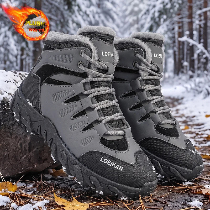 Waterproof Winter Boot - メンズ冬用スノーブーツ、裏地がプラッシュ素材のハイカット、滑り止め付き厚底、暖かい靴、日常の歩行や雪の多い街でのアウトドアに最適