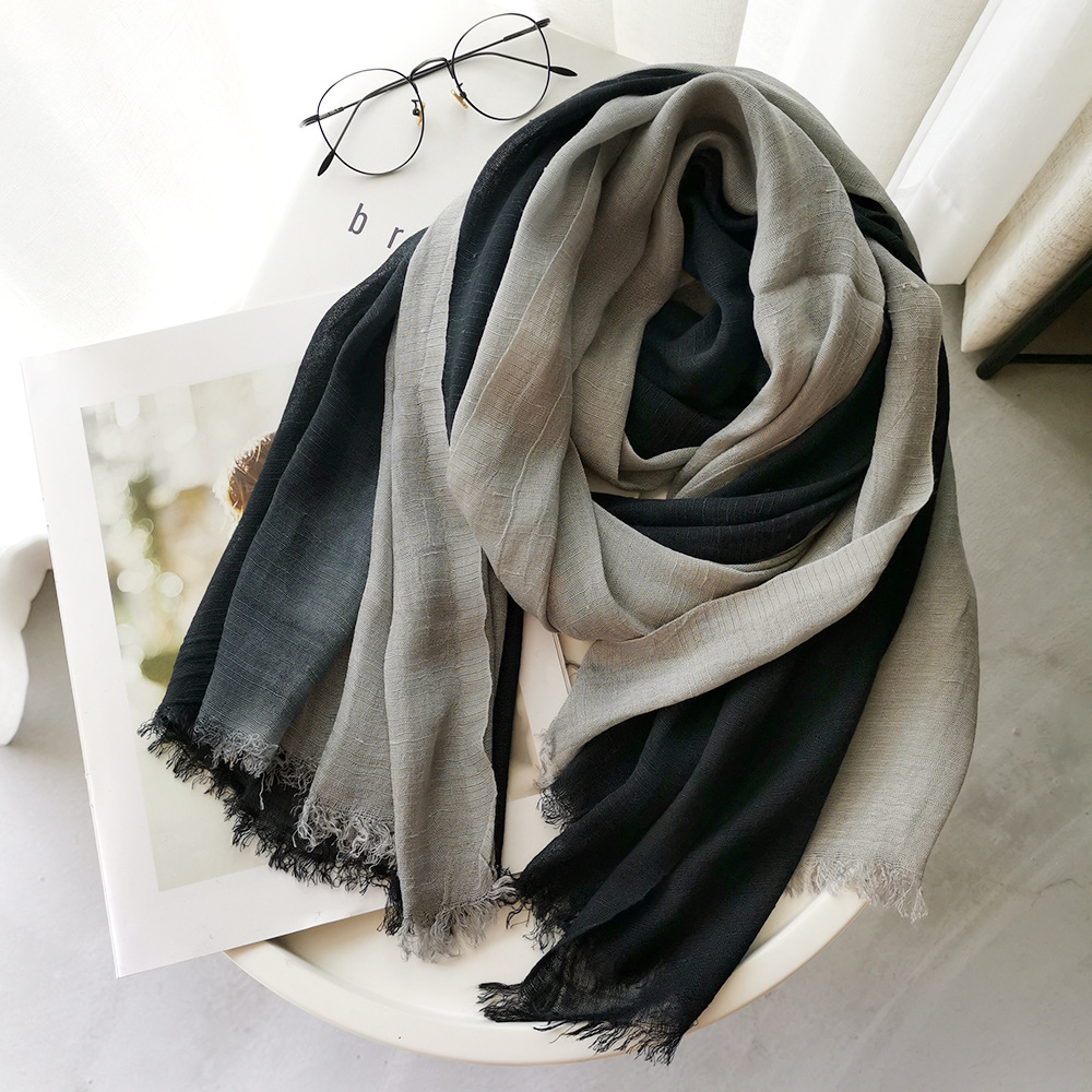 Shawl Wrap Winter - 和風ユニセックスコットンリネンスカーフグラデーションカラー秋冬ロングソフトショール＆ラップレディースショートタッセルブファンダ