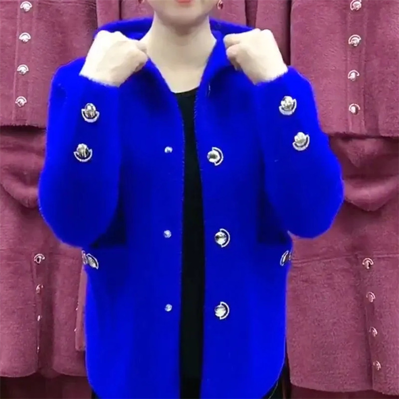 Wool Coat Peacoat - 新しい中年高齢者の母模造ミンクベルベットコート秋冬厚みのフード付きカーディガンセーター女性ニットジャケット