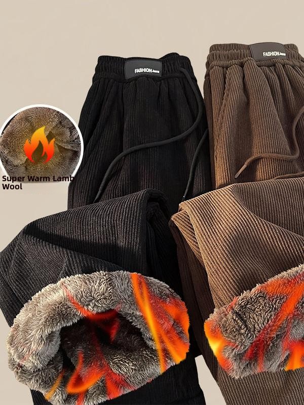 Corduroy Pant Warm - 極厚冬暖かいラムベルベットパンツメンズ冬フリース裏地ワイドレッグストレートコーデュロイスウェットパンツユースファッションブランド