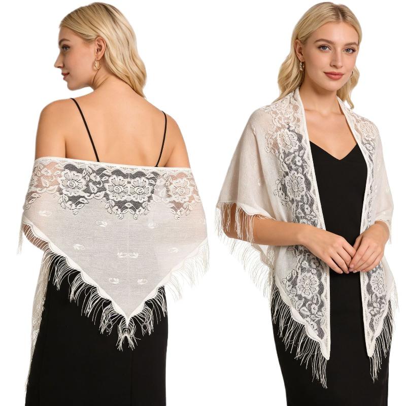 タッセルフリンジ付きブライダルラップ 三角形花柄レースシース - Shawl Wrap Winter のレビューと価格