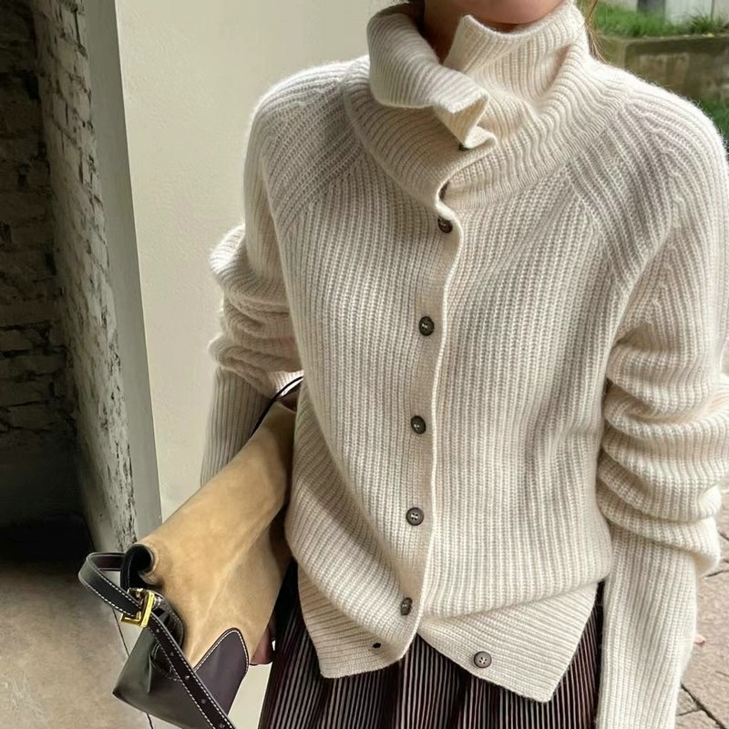タートルネックカーディガンレディース 100% ピュアウール - Wool Coat Peacoat のレビューと価格